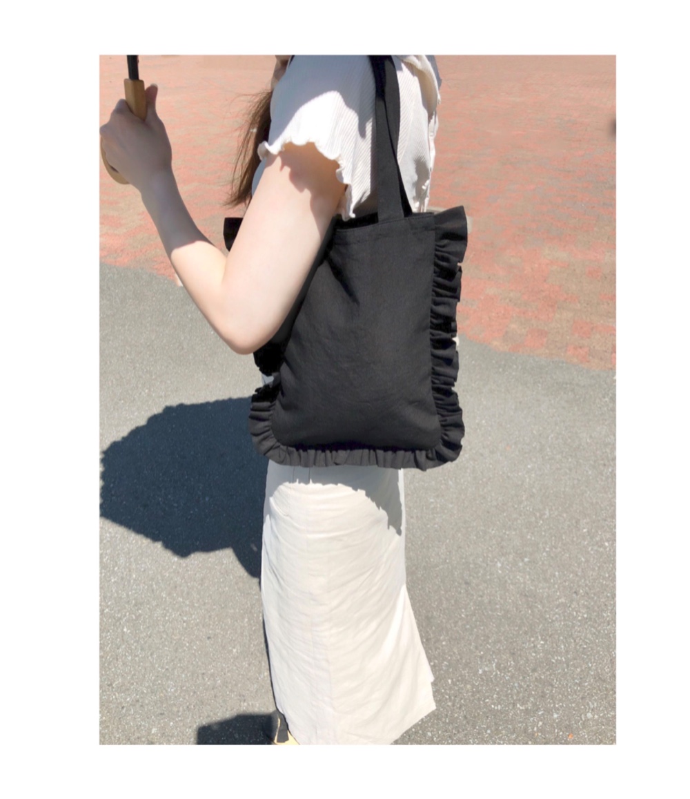【再販】フリル　リネン　ブラック　トートバッグ　内ポケット付き　エコ　サブ　メイン