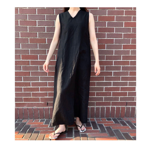 再販＊リネン 100% 2way ノースリーブ ロング ワンピース＊ ブラック  