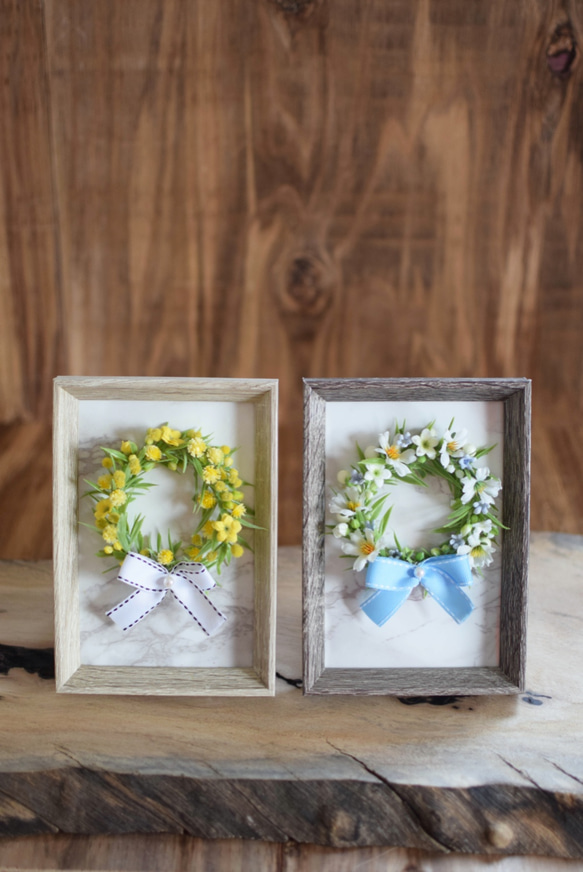 送料無料【大人の花キット♪動画付き】並べて可愛いプチリース2個セット＜ミモザ & デイジー〉フレーム付 6枚目の画像