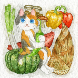 ミニ額縁原画　秋野菜とネコ 2枚目の画像