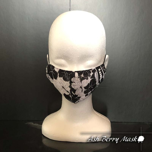 【子供用】和柄ハイビスカス黒(6type Ribbon)立体型マスク/Ash Berry Mask 3枚目の画像