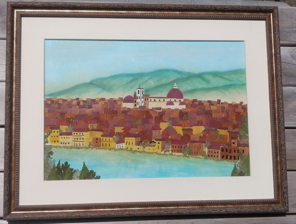 イタリア　フィレンツェの町並み　押し花額 