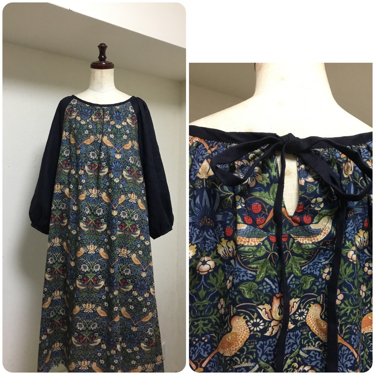 handmadeウィリアムモリスパッチワーク風生地のワンピース長袖free