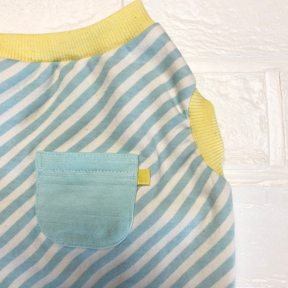 【フレンチブルドッグ服】斜めストライプのタンクトップ　ポケット付　ミントブルー　黄色リブ　フレブル　タンクトップ 2枚目の画像
