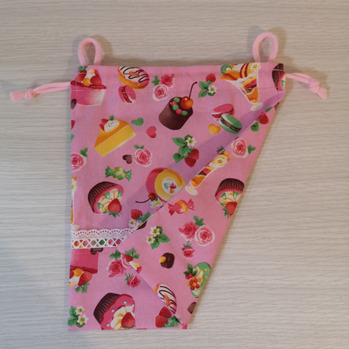 480a いちご ミルク ピンク ストライプ フリル 給食袋 巾着袋 コップ袋