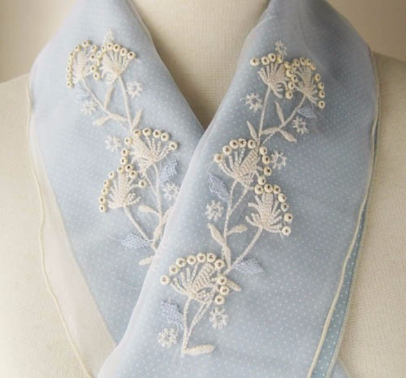 シルクオーガンジーで作るクラフト半衿・清楚な白い実(ブルー木綿半衿とセット) 1枚目の画像
