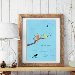 グラフィックデザインポスター hello I'm here for you / 小枝にとまる鳥たち　水色の空　イラスト 2枚目の画像