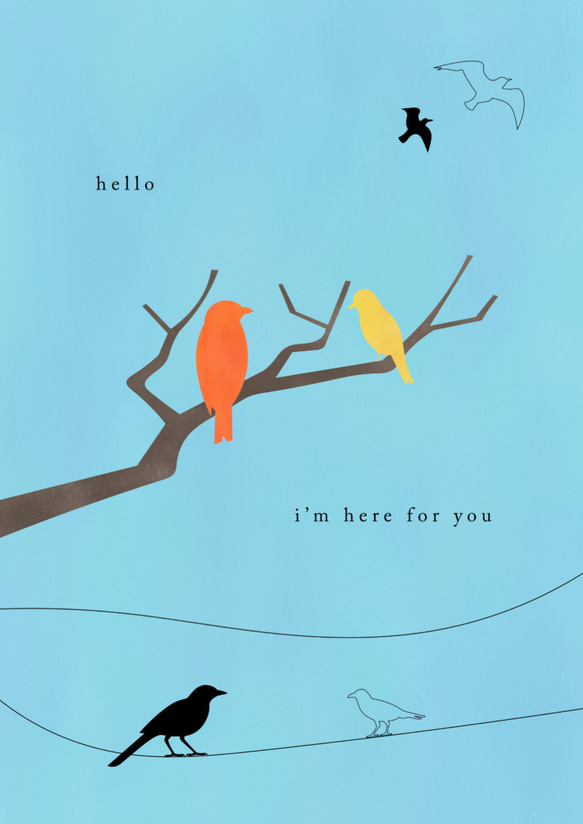 グラフィックデザインポスター hello I'm here for you / 小枝にとまる鳥たち　水色の空　イラスト 7枚目の画像