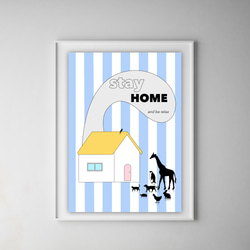 グラフィックデザインポスター stay HOME and be relax/ ステイホーム 家 動物 水色 イラスト 4枚目の画像