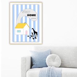 グラフィックデザインポスター stay HOME and be relax/ ステイホーム 家 動物 水色 イラスト 1枚目の画像