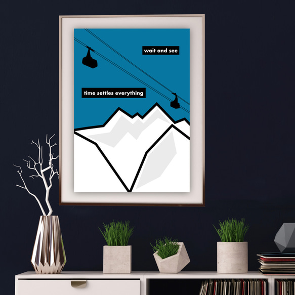 グラフィックデザインポスター wait and see / 雪山　ロープウェイ　イラスト　ホワイト　ブルー 3枚目の画像