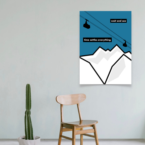 グラフィックデザインポスター wait and see / 雪山　ロープウェイ　イラスト　ホワイト　ブルー 2枚目の画像