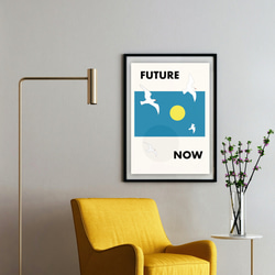 グラフィックデザインポスター FUTURE NOW / カモメ 空 太陽 月 イラスト ホワイト ブルー スタイリッシュ 2枚目の画像