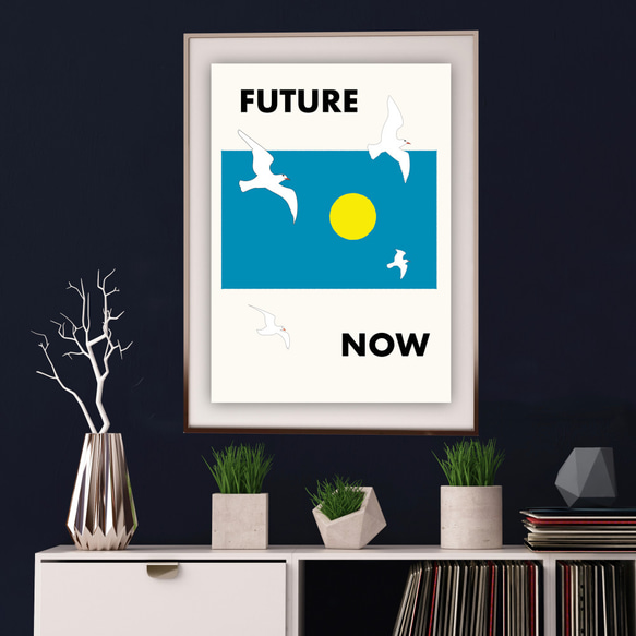 グラフィックデザインポスター FUTURE NOW / カモメ 空 太陽 月 イラスト ホワイト ブルー スタイリッシュ 4枚目の画像