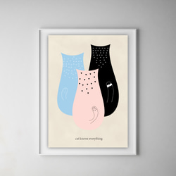 グラフィックデザインポスター cat knows everything /猫 イラスト 水色 ピンク 黒　北欧風デザイン 5枚目の画像