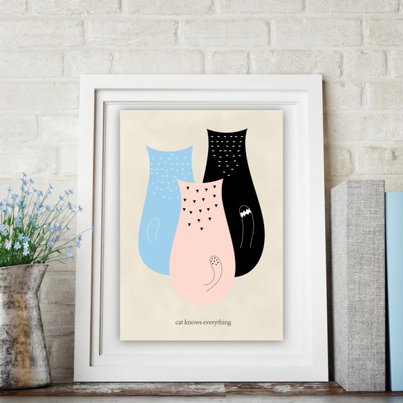 グラフィックデザインポスター cat knows everything /猫 イラスト 水色 ピンク 黒　北欧風デザイン 2枚目の画像