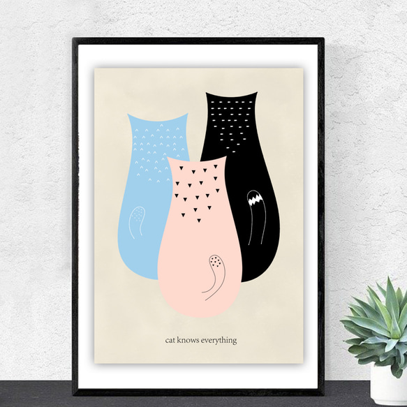 グラフィックデザインポスター cat knows everything /猫 イラスト 水色 ピンク 黒　北欧風デザイン 4枚目の画像