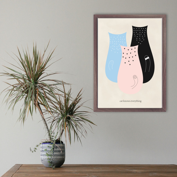 グラフィックデザインポスター cat knows everything /猫 イラスト 水色 ピンク 黒　北欧風デザイン 1枚目の画像