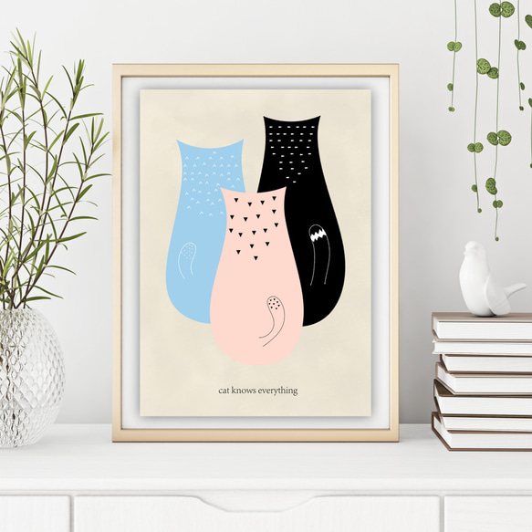 グラフィックデザインポスター cat knows everything /猫 イラスト 水色 ピンク 黒　北欧風デザイン 3枚目の画像