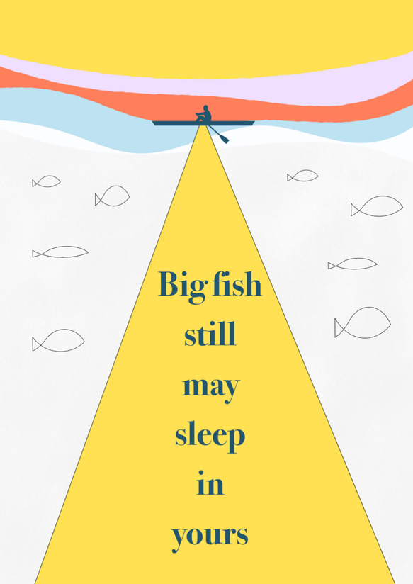 グラフィックデザインポスター   Big Fish / 湖　ボート　魚　イラスト　イエロー　ポップデザイン 7枚目の画像