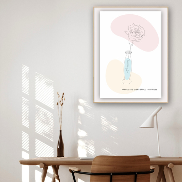グラフィックデザインポスター small happiness /バラ 花 イラスト ピンク ベージュ ミニマルアート 1枚目の画像