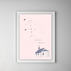 グラフィックデザインポスター love and peace / 教会 鳥 イラスト ピンク ウェディング コラージュ 5枚目の画像