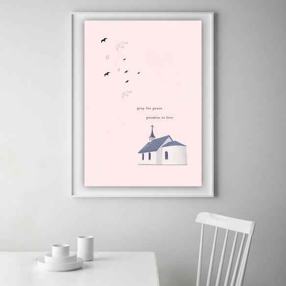 グラフィックデザインポスター love and peace / 教会 鳥 イラスト ピンク ウェディング コラージュ 4枚目の画像