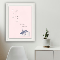 グラフィックデザインポスター love and peace / 教会 鳥 イラスト ピンク ウェディング コラージュ 2枚目の画像