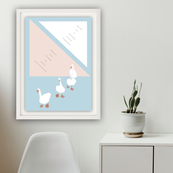 グラフィックデザインポスター Together Ducks / アヒル 家族 ピンク ホワイト 水色 フォトコラージュ 2枚目の画像