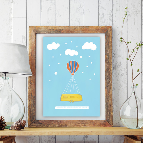 グラフィックデザインポスター Flying Balloon Bus / バス 気球