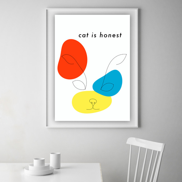 グラフィックデザインポスター cat is honest /猫 イラスト ラインアート 赤 青 黄色 モダンデザイン 2枚目の画像
