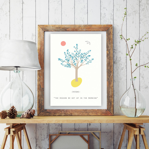 グラフィックデザインポスター IKIGAI/木 自然 鳥 太陽 イラスト モダン ミニマルアート ペールカラー 白 3枚目の画像