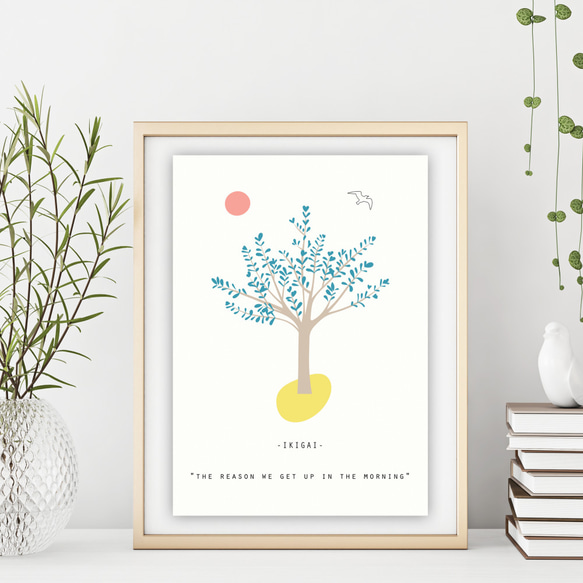 グラフィックデザインポスター IKIGAI/木 自然 鳥 太陽 イラスト モダン ミニマルアート ペールカラー 白 4枚目の画像