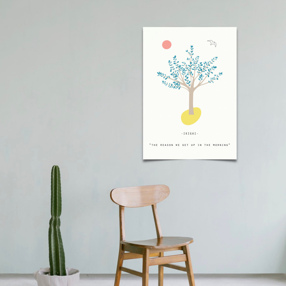 グラフィックデザインポスター IKIGAI/木 自然 鳥 太陽 イラスト モダン ミニマルアート ペールカラー 白 5枚目の画像