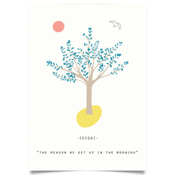 グラフィックデザインポスター IKIGAI/木 自然 鳥 太陽 イラスト モダン ミニマルアート ペールカラー 白 7枚目の画像