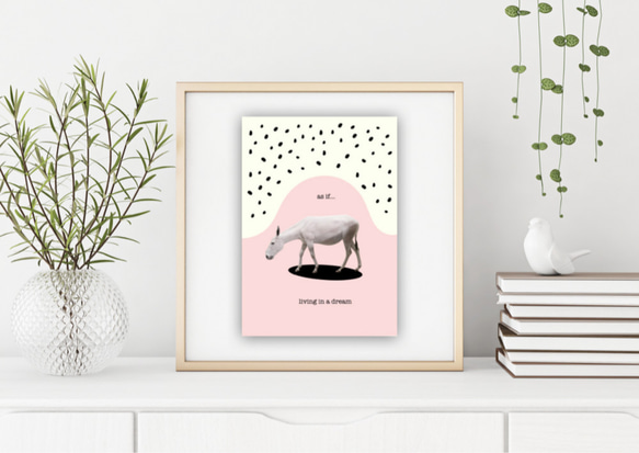 グラフィックデザインポスター as if living in dream/ 夢の中　白い動物と水玉の空とピンクの世界 2枚目の画像