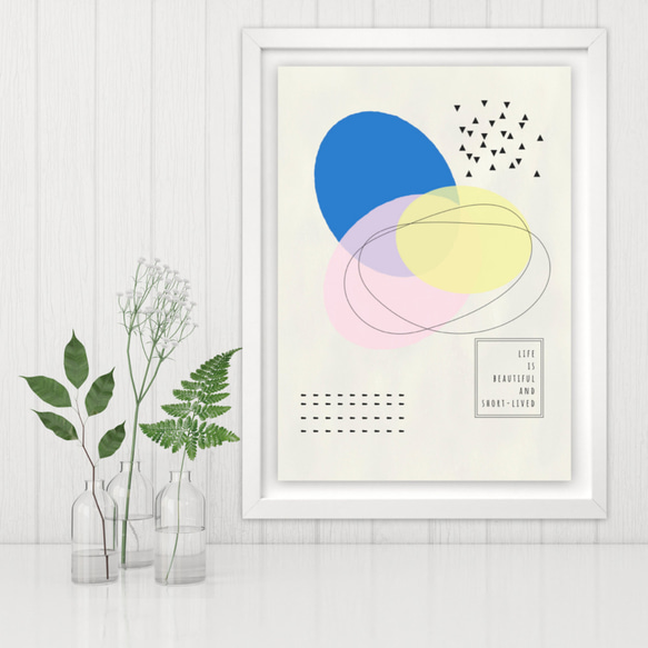 グラフィックデザインポスター life is beautiful /青 黄色 ピンク パステルカラー 北欧ポップデザイン 3枚目の画像