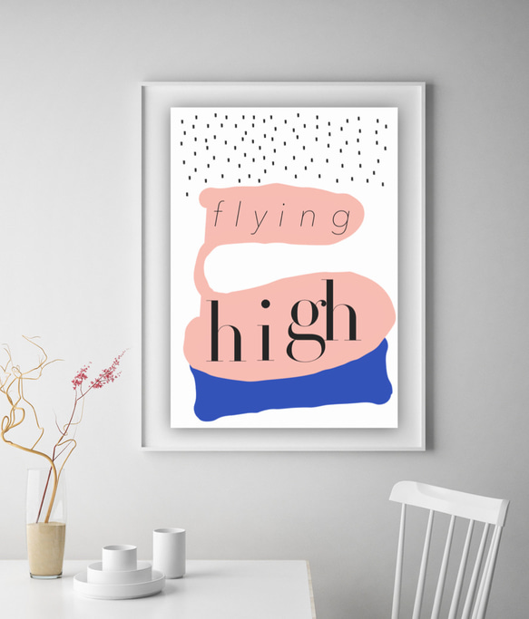 グラフィックデザインポスター flying high /水玉ドット ピンク 青 スタイリッシュ モダン ポップデザイン 2枚目の画像