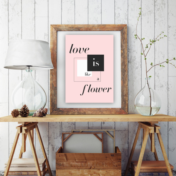 グラフィックデザインポスター love is like a flower/ ピンク　ブラック　シックなデザイン 3枚目の画像