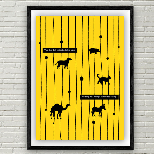 グラフィックデザインポスター dog walking / 犬 動物 イエロー プラック ストライプ ポップ 3枚目の画像