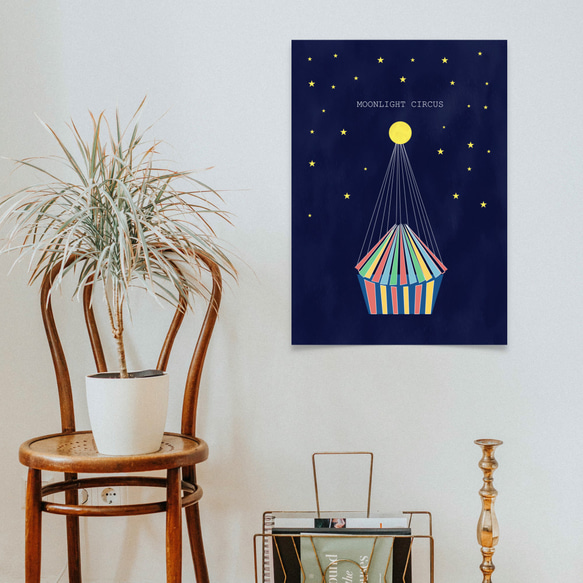 グラフィックデザインポスター moon light circus/ サーカス 夜　月 星 ネイビー おとぎの国 4枚目の画像