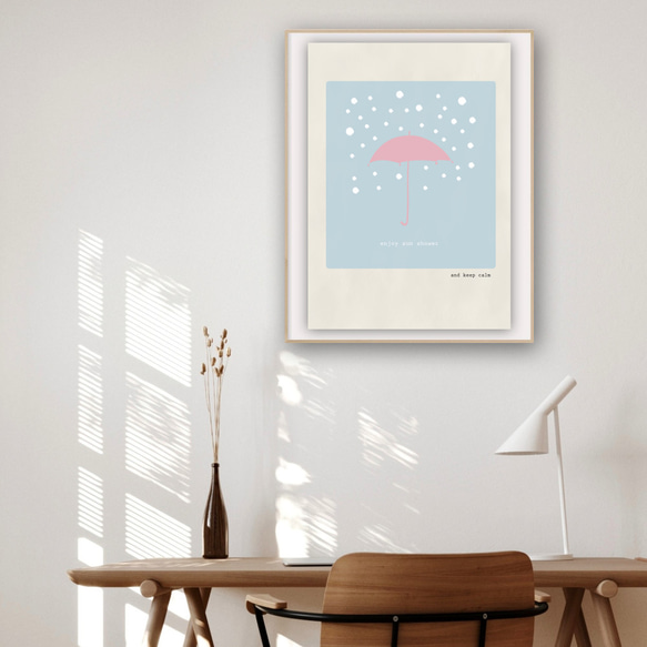 グラフィックデザインポスター sun shower/お天気雨　傘　ライトブルー　カフェ風　リラックス　北欧デザイン 3枚目の画像