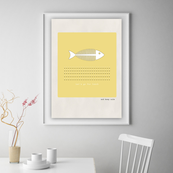 グラフィックデザインポスター Let's go for lunch/ 魚  ランチ カフェ イエロー　北欧デザイン 4枚目の画像