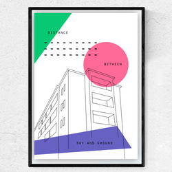 グラフィックデザインポスター DISTANCE / グリーン ブルー ピンク ポップ イラスト 4枚目の画像