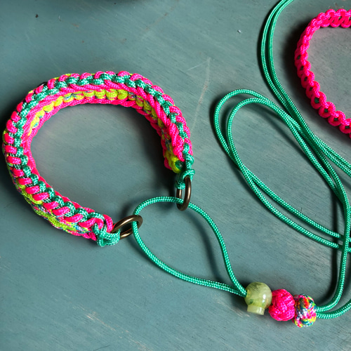 パラコードリード＆パラコード首輪ハーフチョーク大きめパールビーズ№041