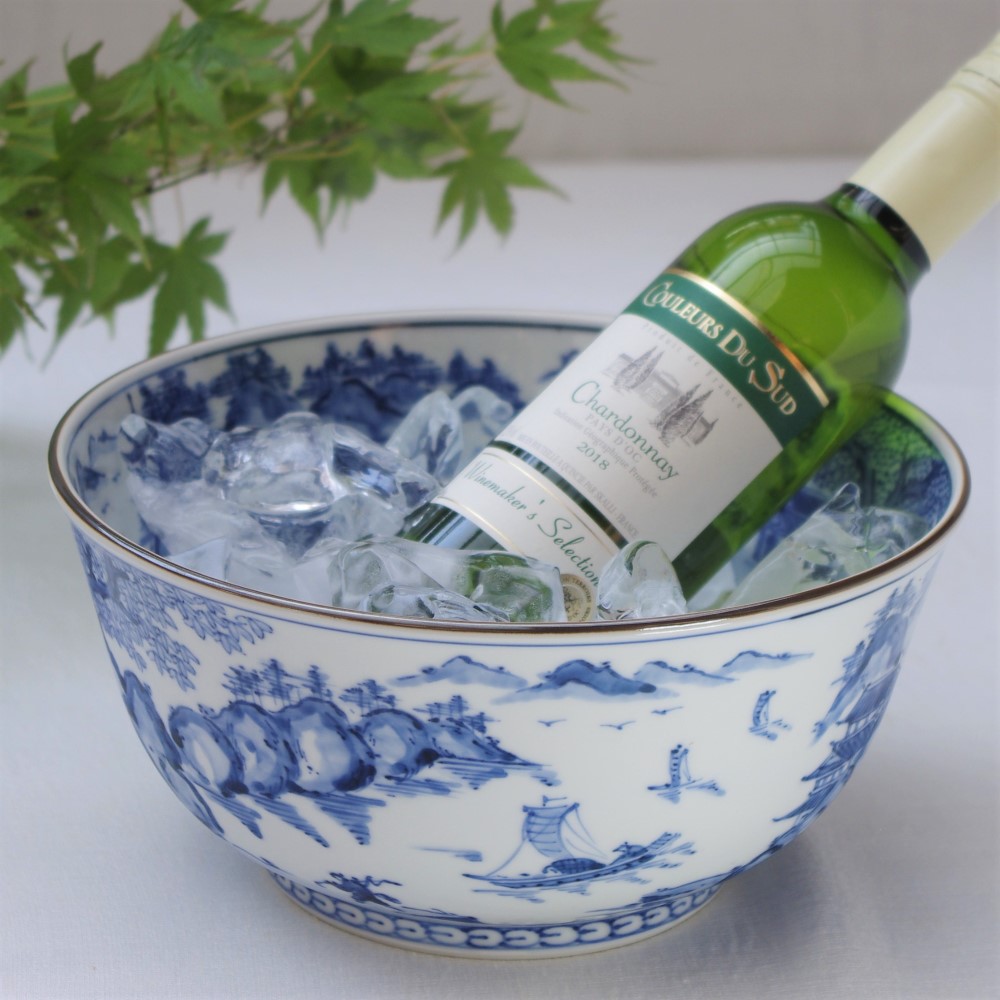 染付山水画ハーフボトルクーラー　 約21.5cm