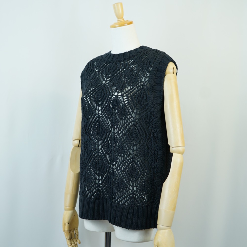 【i.e.わ】【日本製】洗いソフト加工 綿100％ かぎ針編み風透かし柄ローゲージベスト