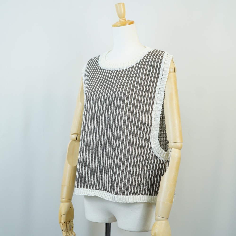 【i.e.わ】【日本製】サマーニットベスト 縦ボーダー 麻のような風合いのギマ加工綿100％ 夏物 涼しい 清涼感