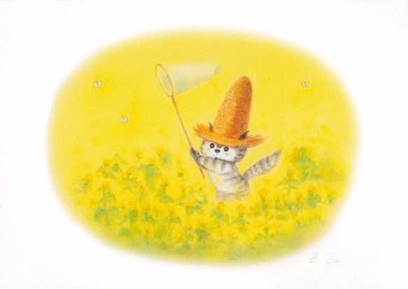 麦藁帽子をかぶった猫　菜の花畑 1枚目の画像
