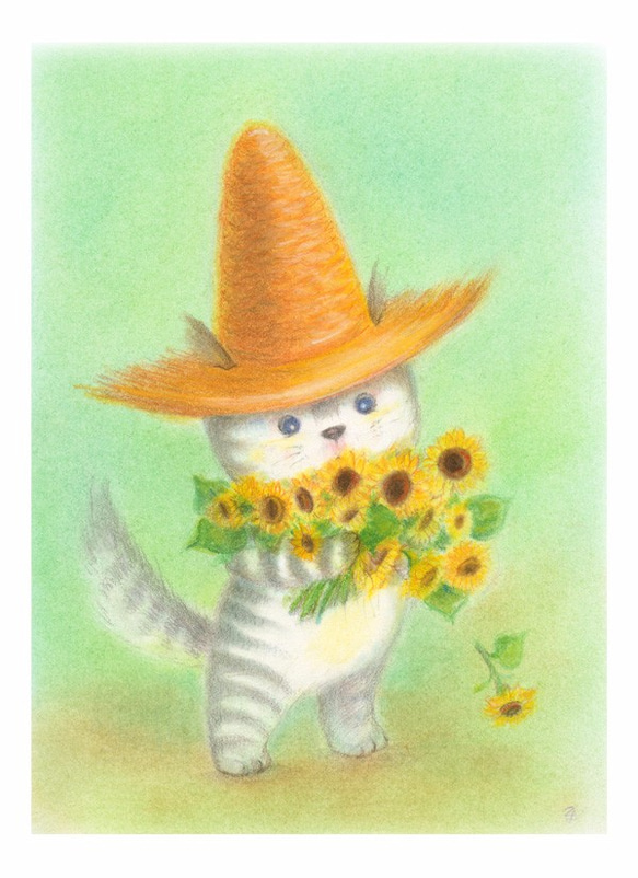 麦藁帽子をかぶった猫　ひまわり 1枚目の画像